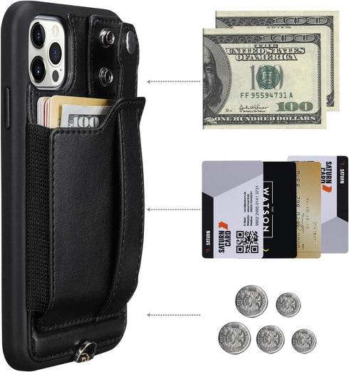 TOOVREN iPhone 12/12 Pro Case, Compatible with 12/12 Pro Wallet Case with Kickstand Card Holder Adjustable Detachable Necklace, Cell Phone 12/12 P...